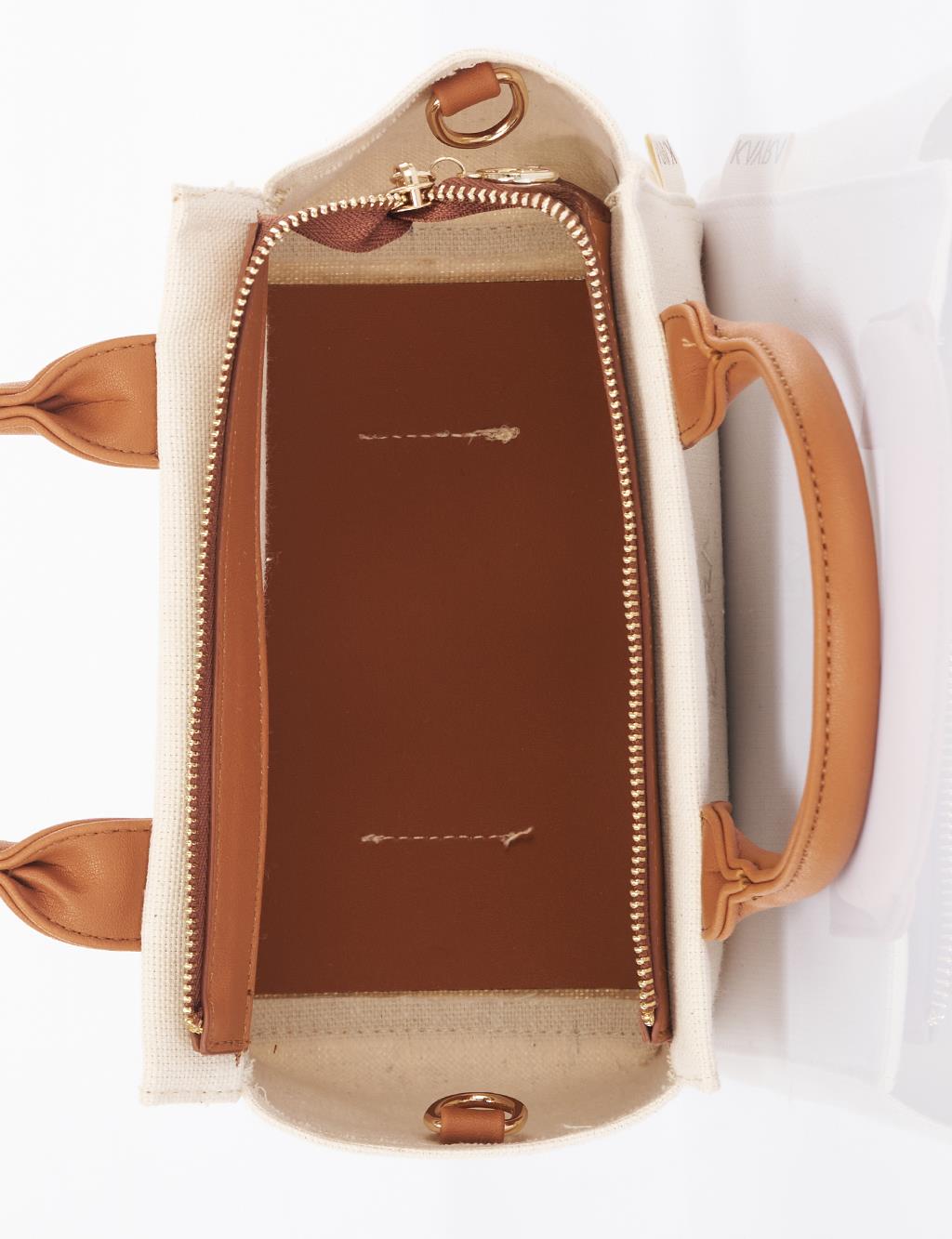 Medium Canvas Bag with Leather Garnish Beige-Camel