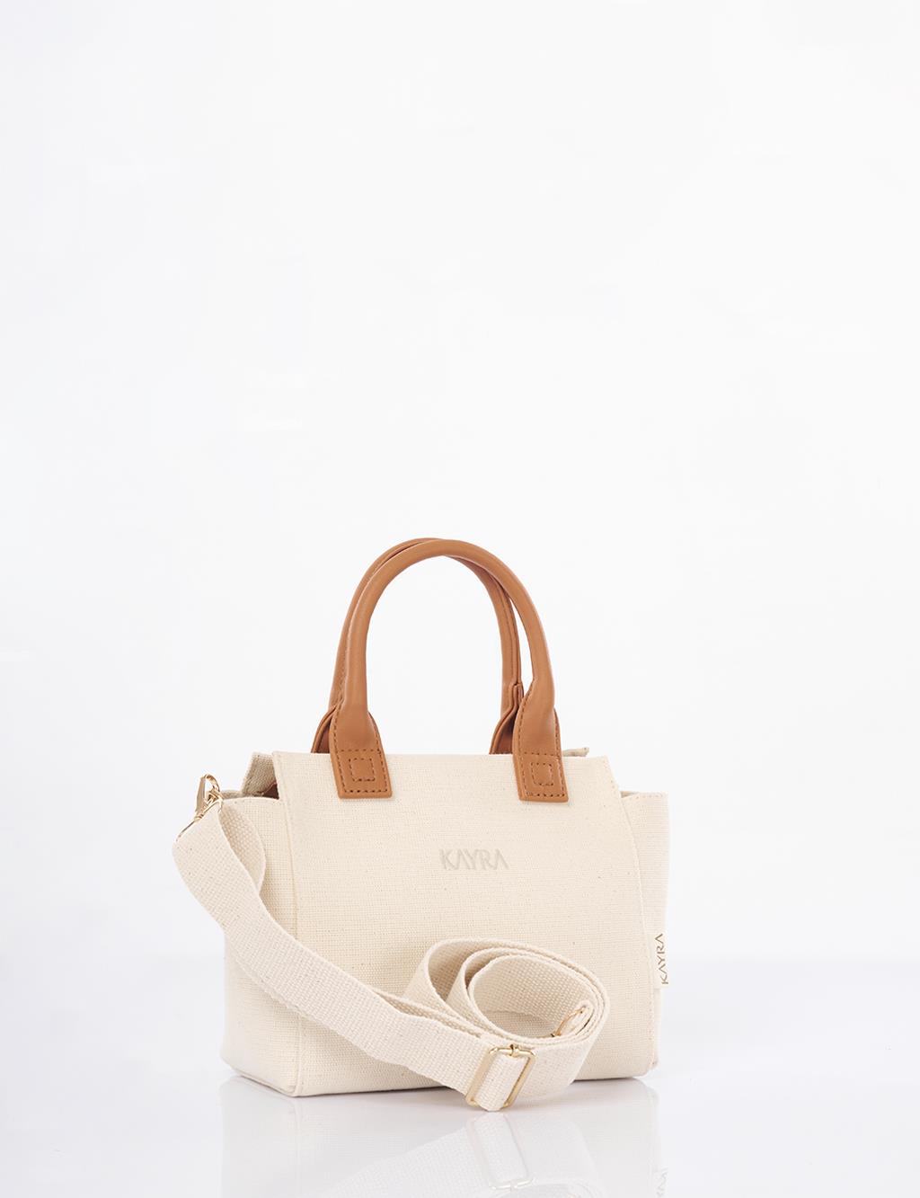 Medium Canvas Bag with Leather Garnish Beige-Camel