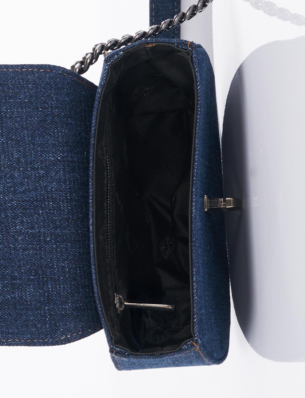Kapaklı Denim Omuz Çantası Lacivert 