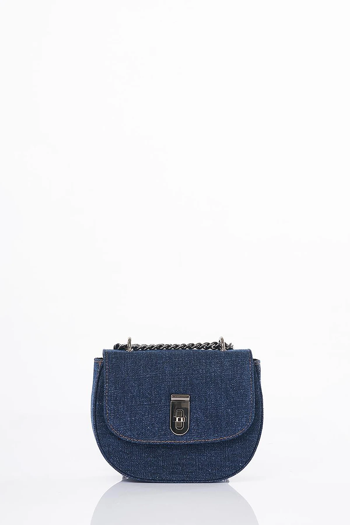 Lidded Denim Shoulder Bag Navy Blue