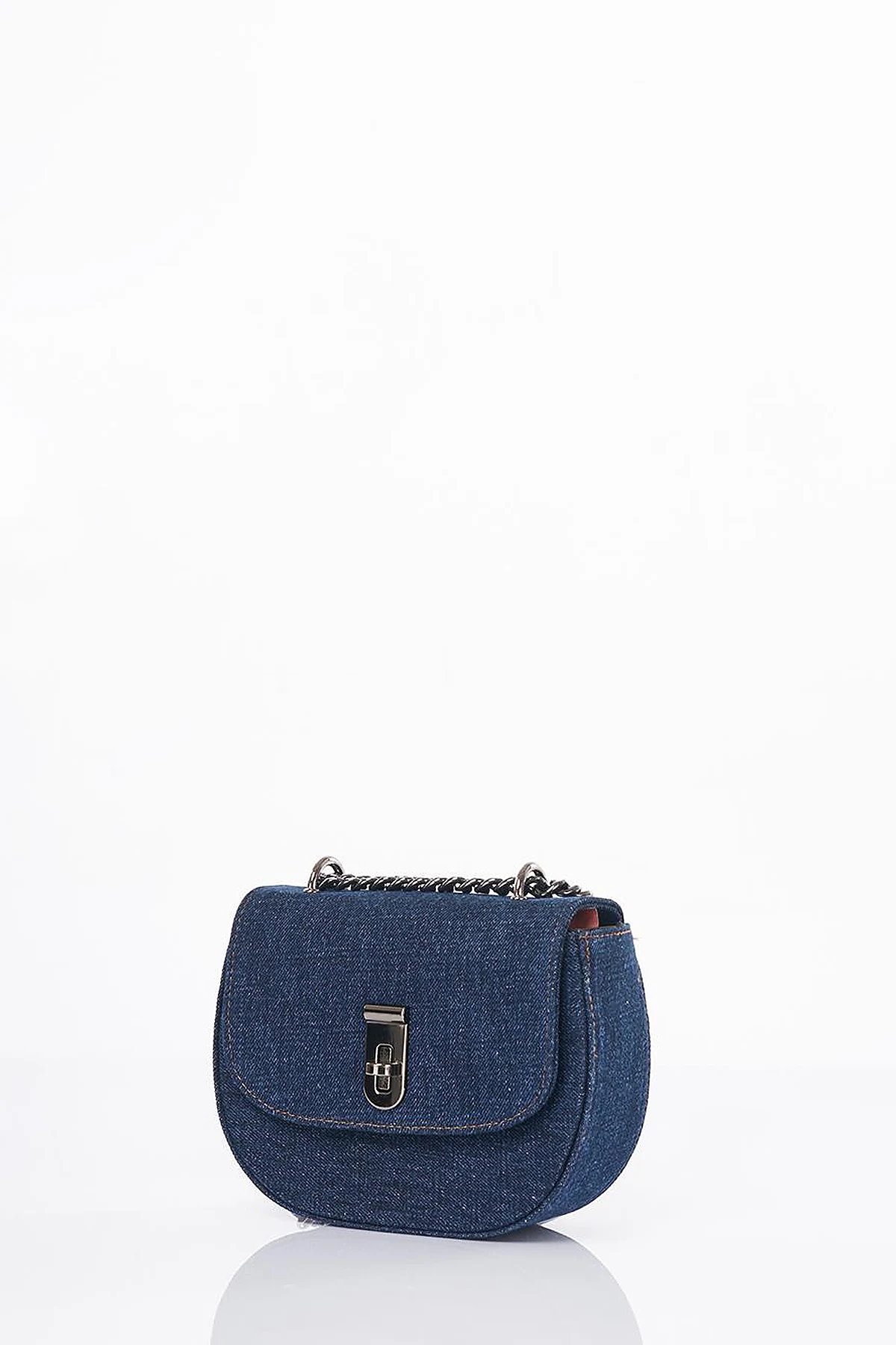 Lidded Denim Shoulder Bag Navy Blue