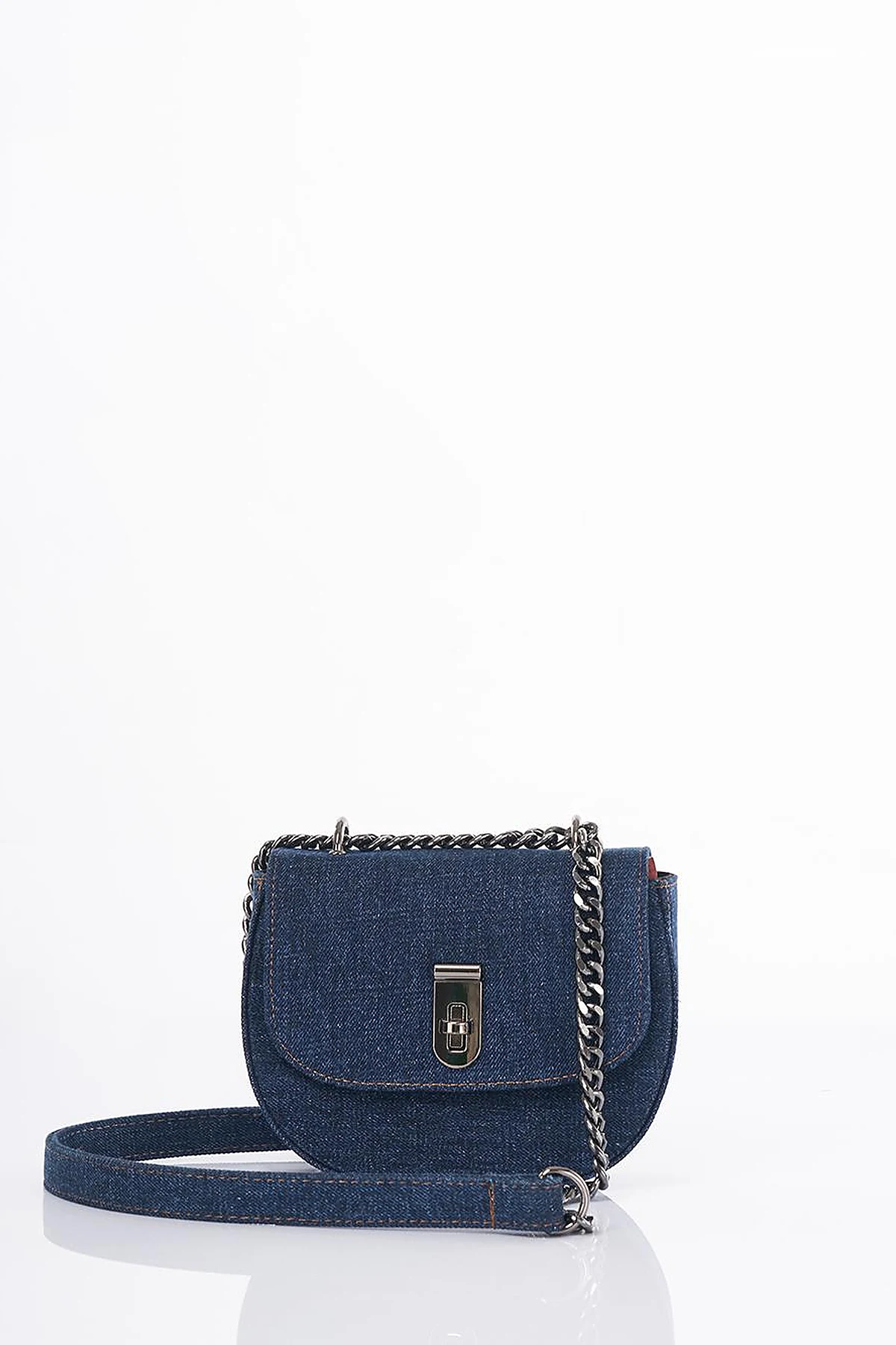 Lidded Denim Shoulder Bag Navy Blue