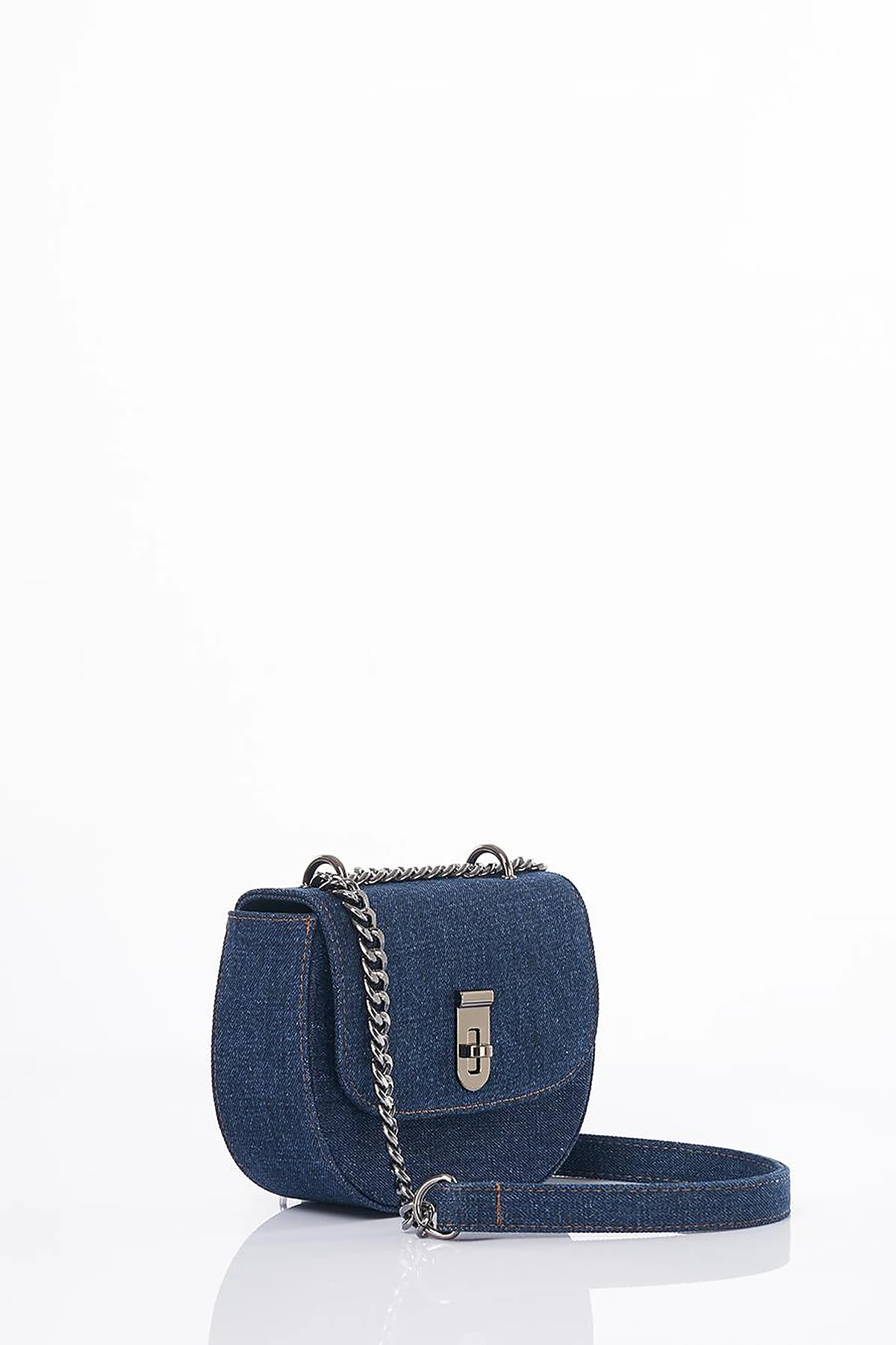 Lidded Denim Shoulder Bag Navy Blue