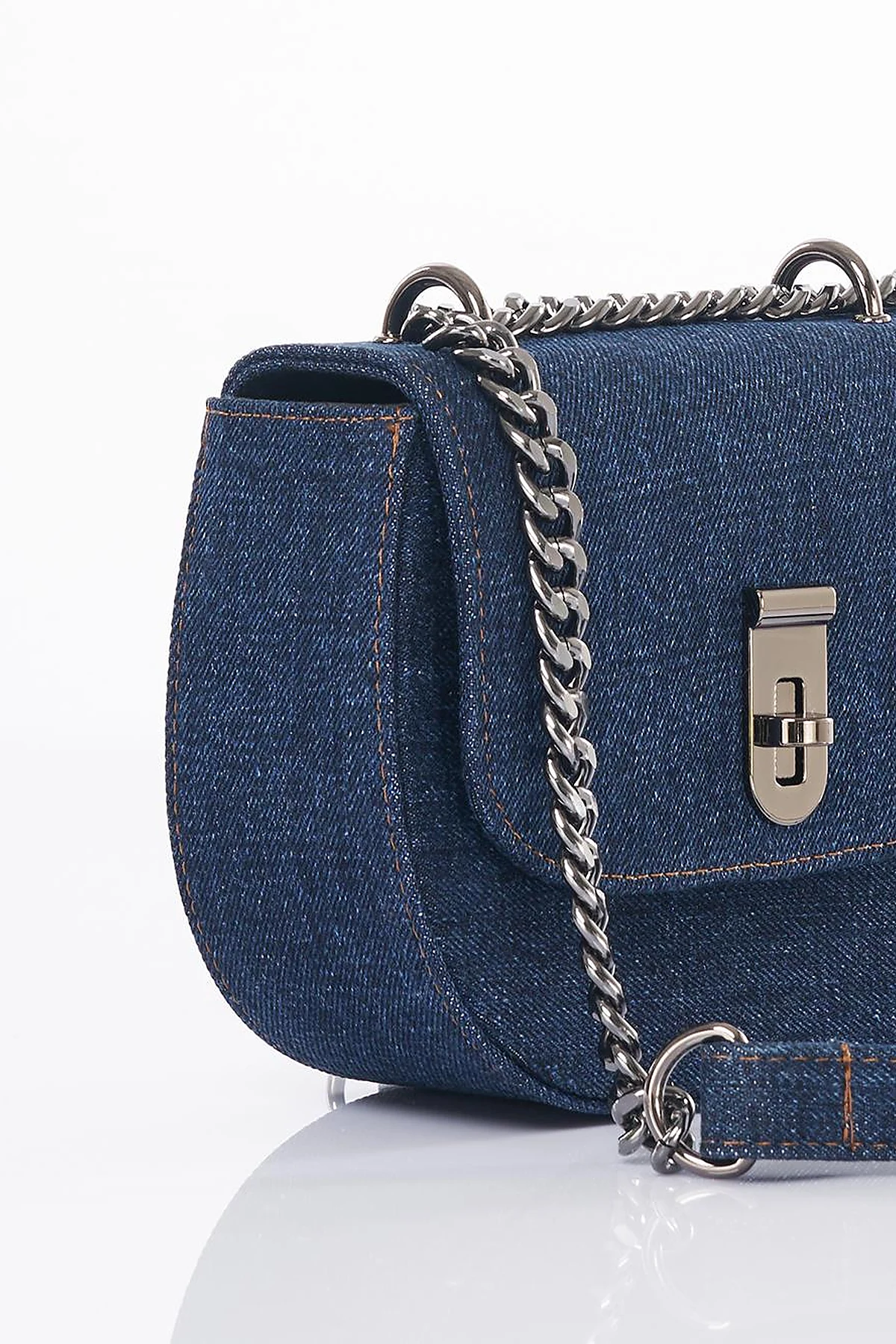 Lidded Denim Shoulder Bag Navy Blue