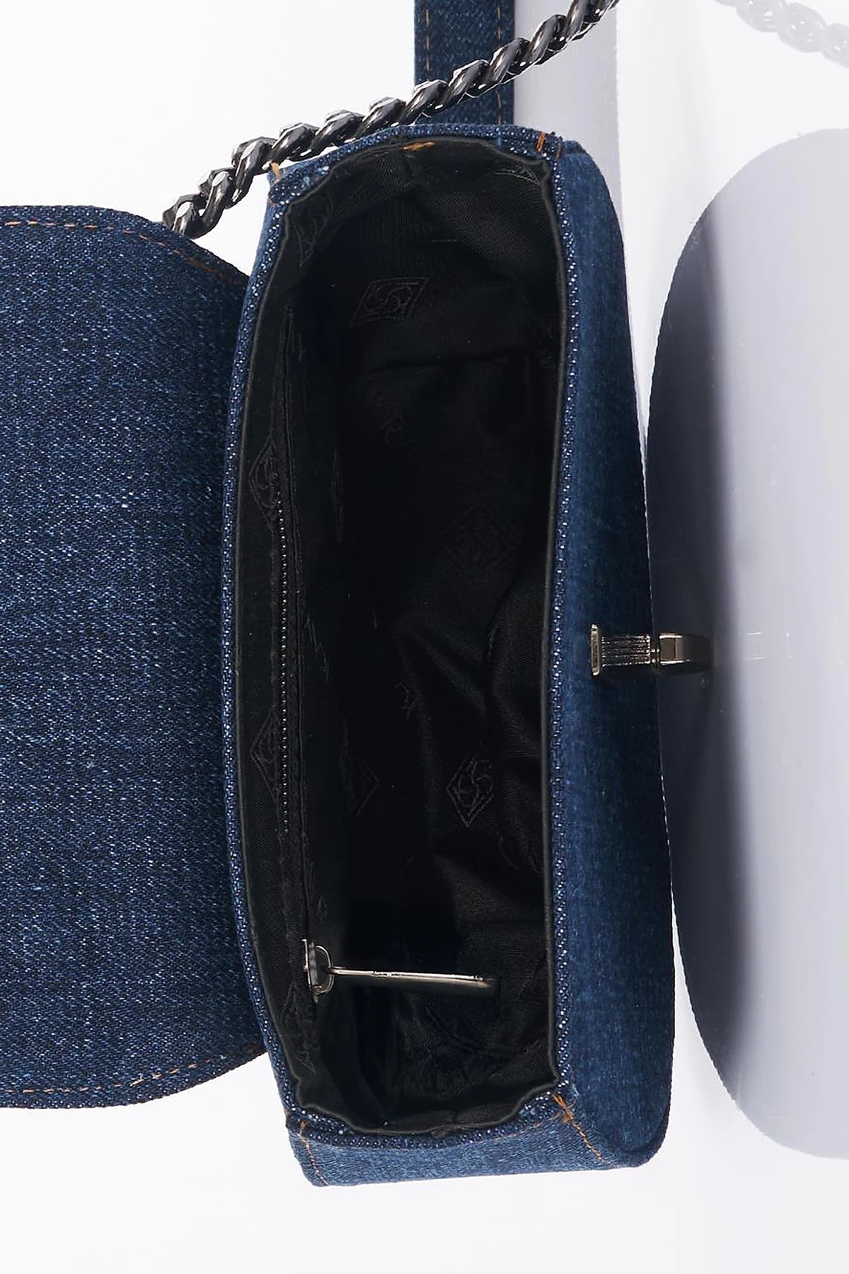Lidded Denim Shoulder Bag Navy Blue