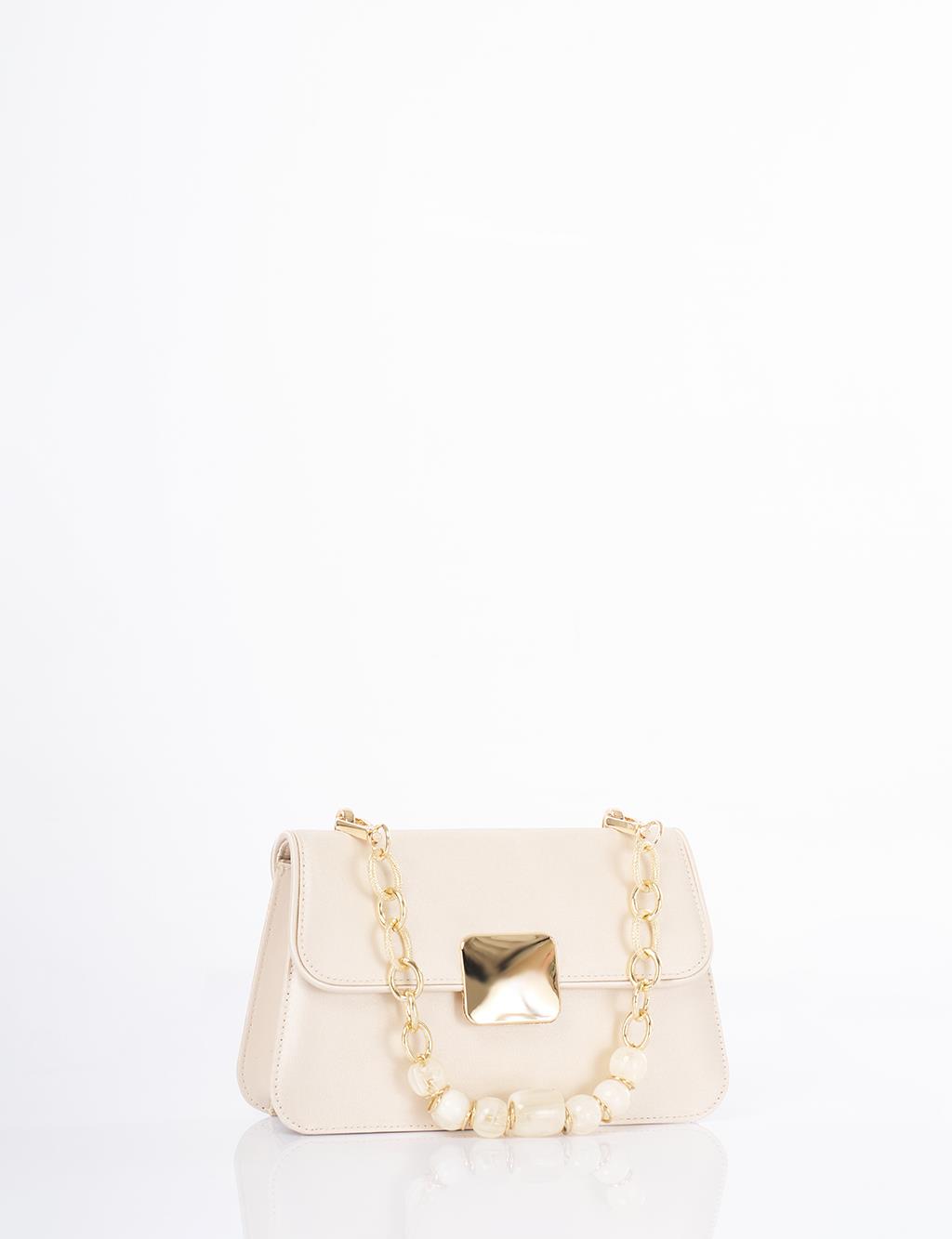 Beaded Baguette Bag Cream