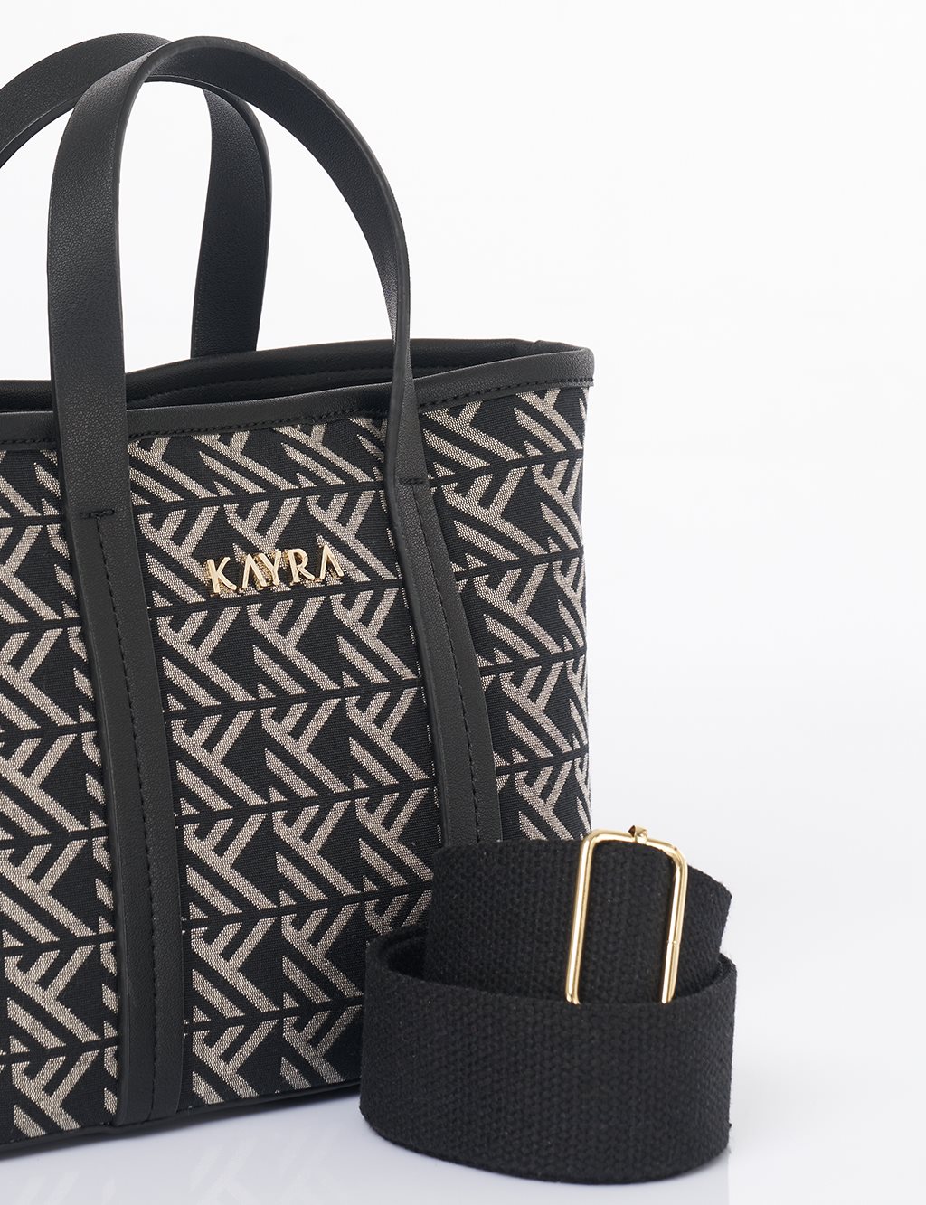 Monogram Desen Orta Boy Shopper Çanta Siyah 