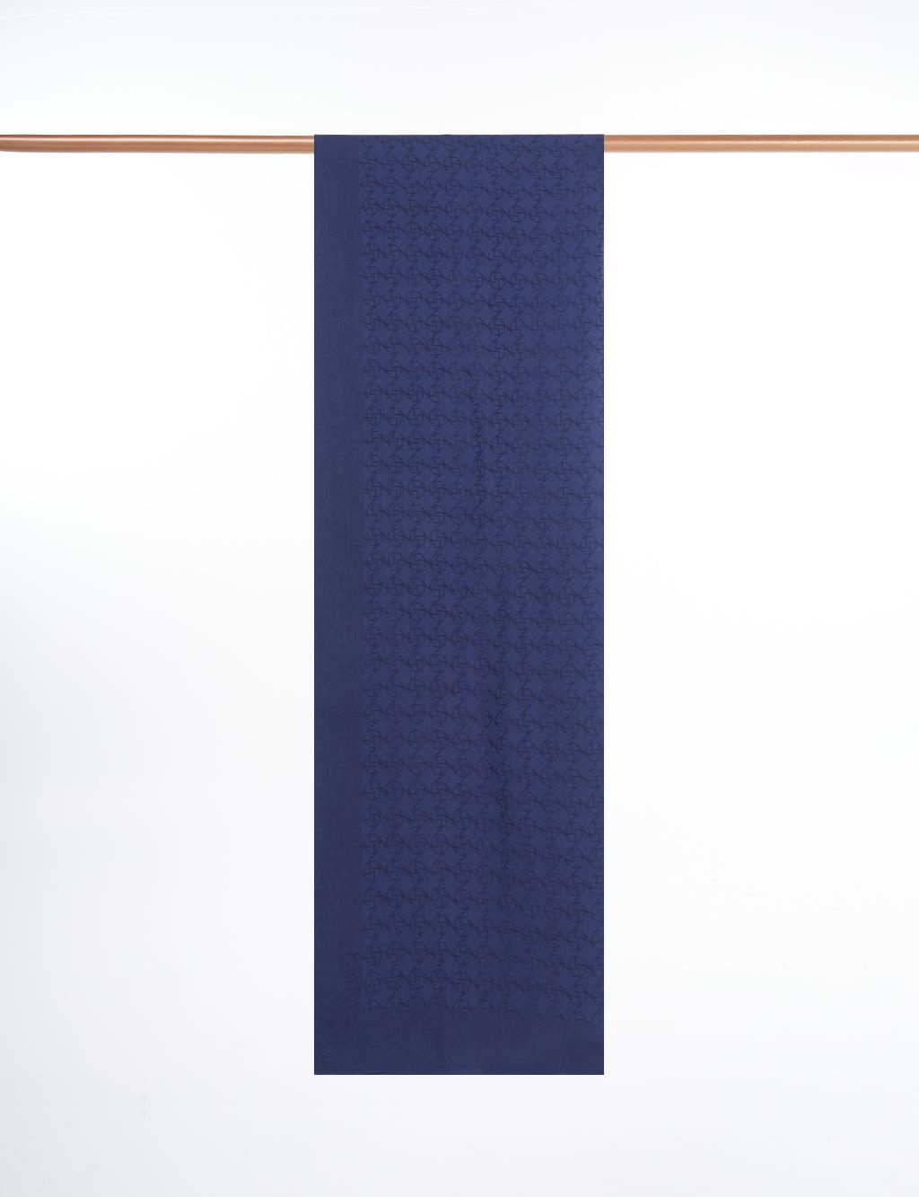Monogram Pattern Cotton Blend Shawl Navy Blue