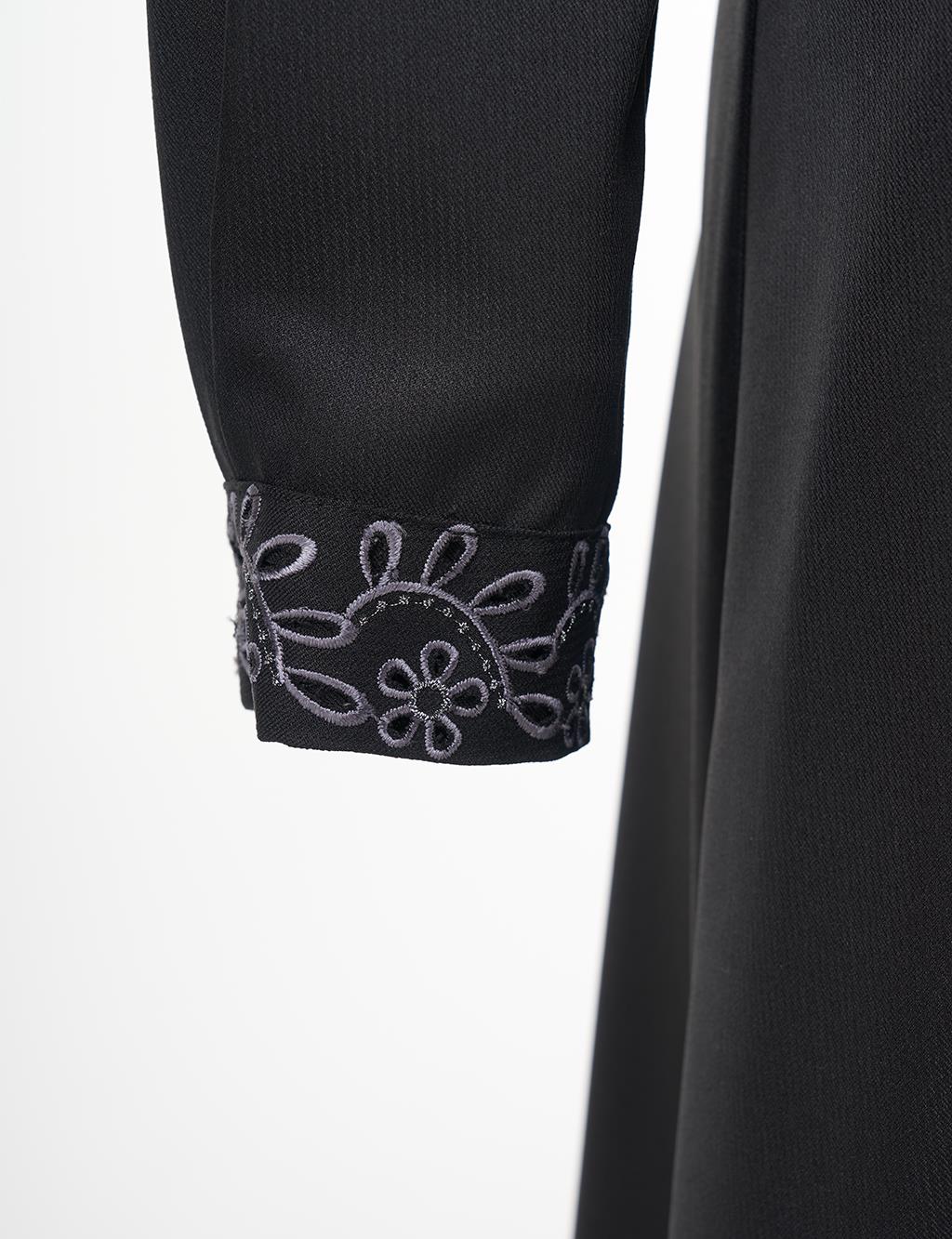 Laser-Cut Mandarin Collar Coat– Black