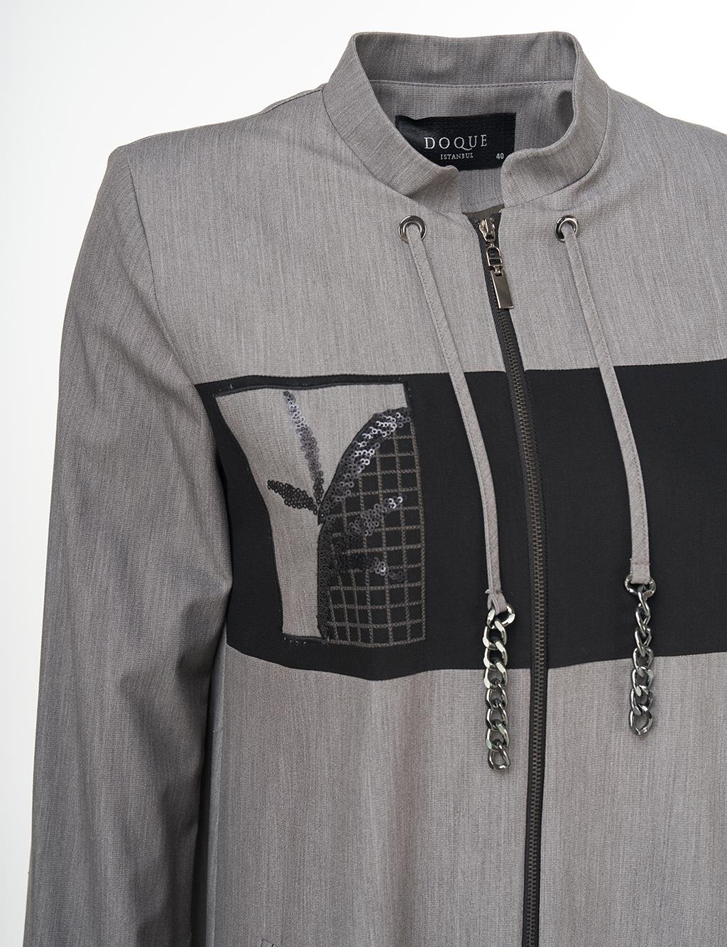 Sequin-Embellished Mandarin Collar Coat – Gray