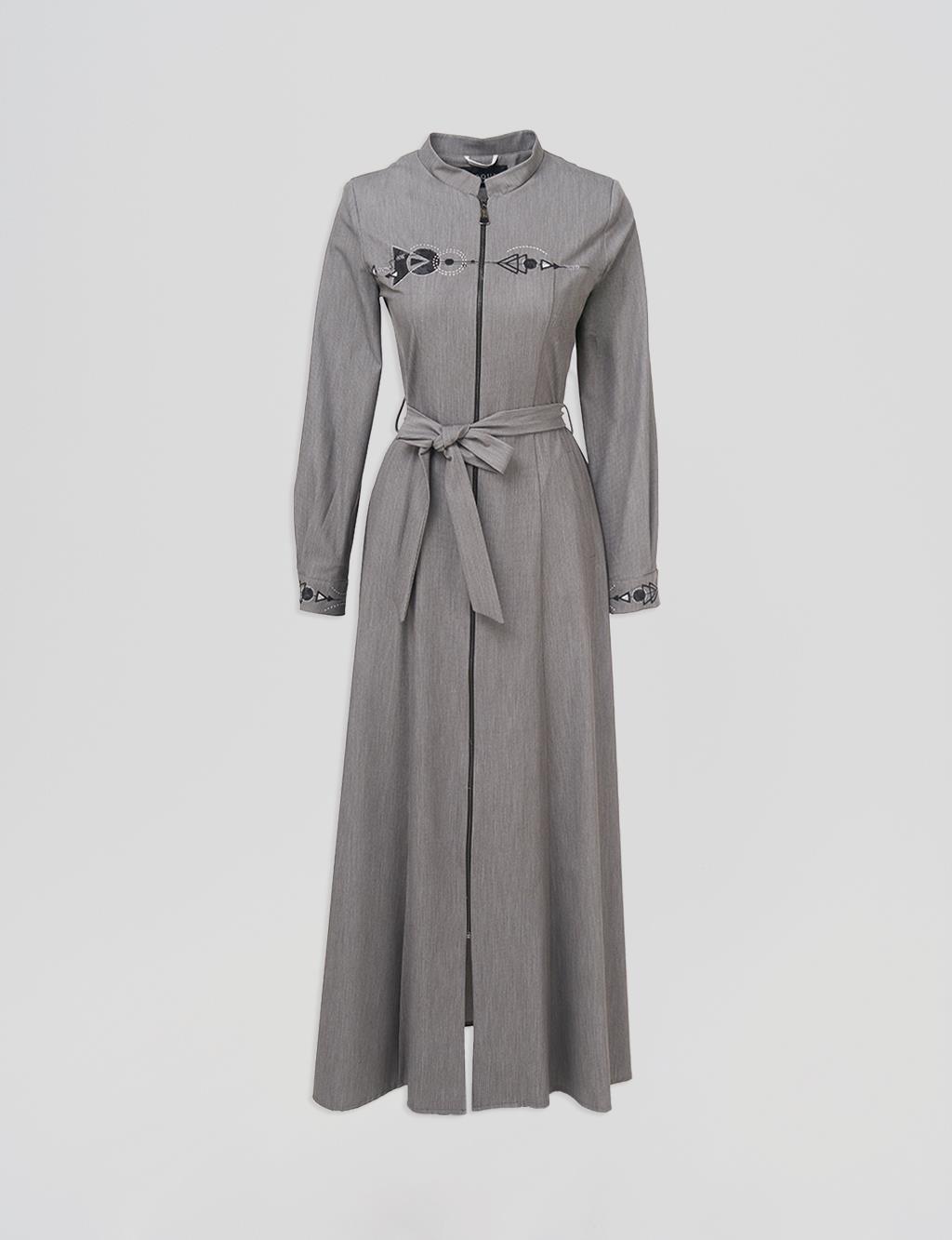 Belted Mandarin Collar Coat Gray