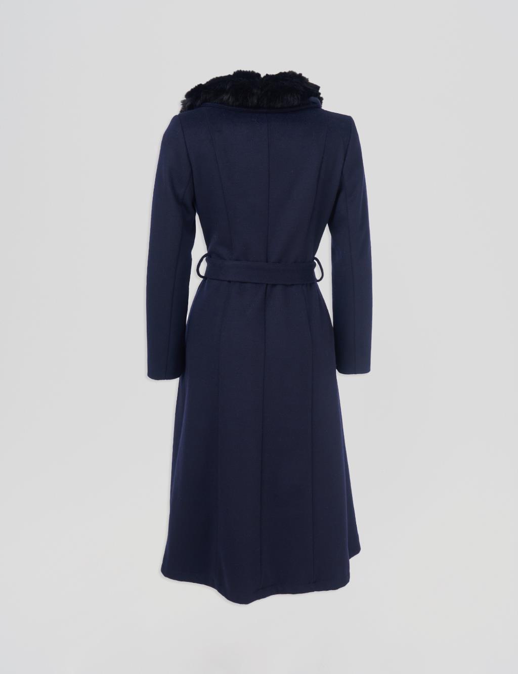 Faux Fur Detailed Cashmere Coat Navy 