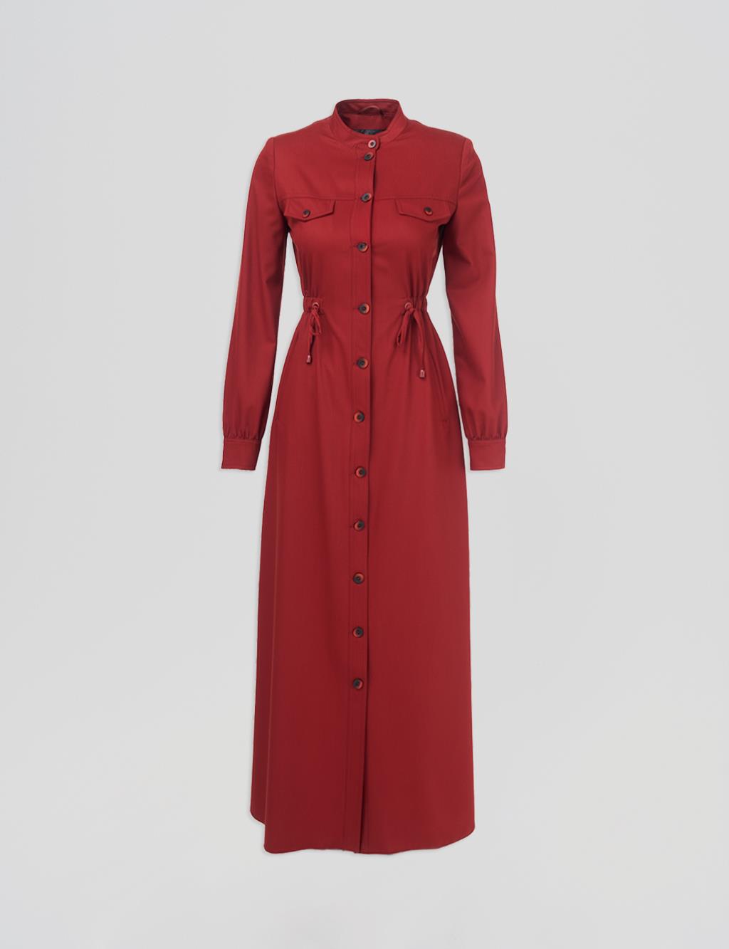 Drawstring Waist Mandarin Collar Coat Terracotta