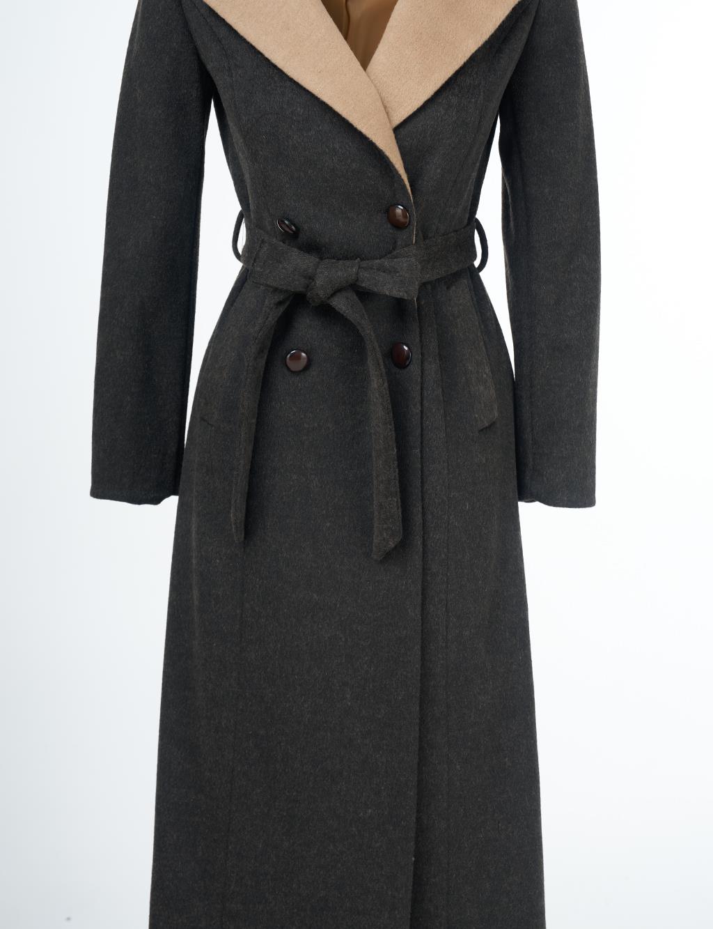 Belted Pocket Detailed Cashmere Coat Coffee 