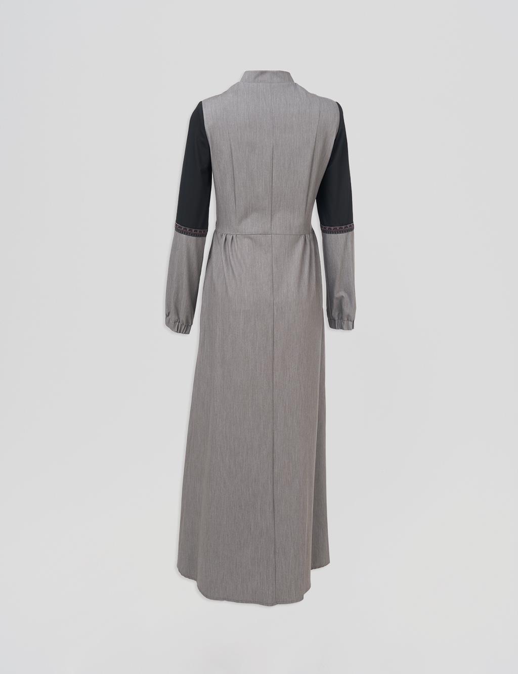 Embroidered Mandarin Collar Coat Gray