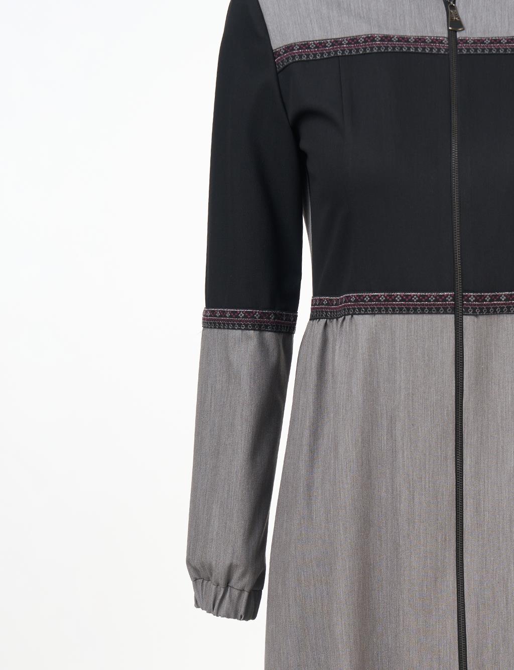 Embroidered Mandarin Collar Coat Gray