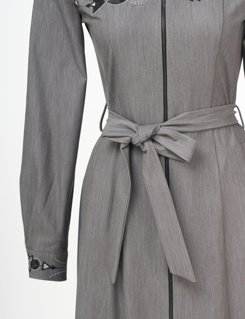 Belted Mandarin Collar Coat Gray