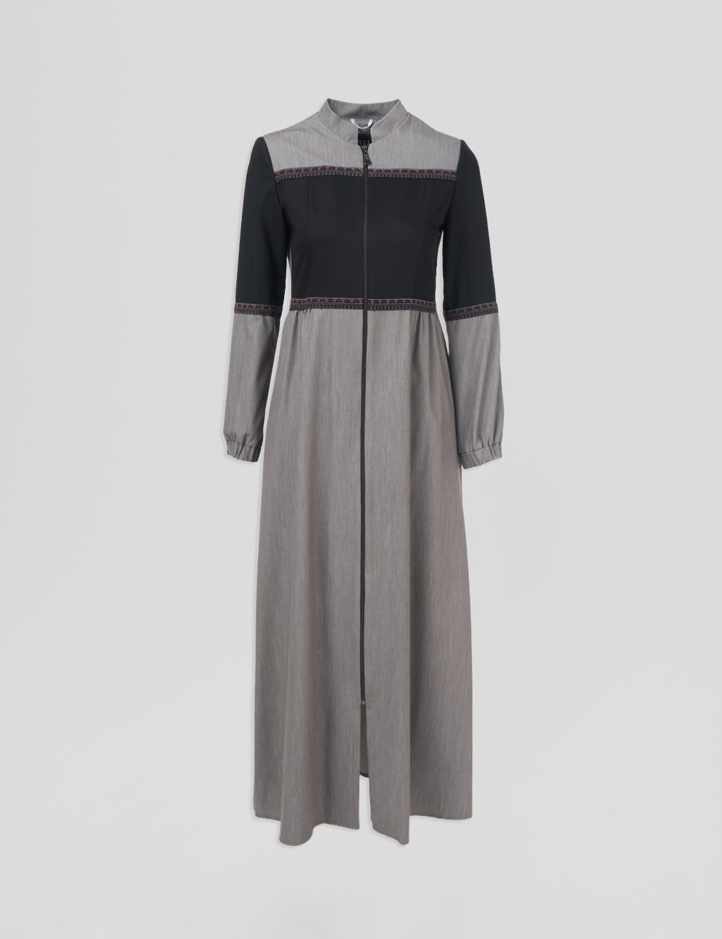 Embroidered Mandarin Collar Coat Gray