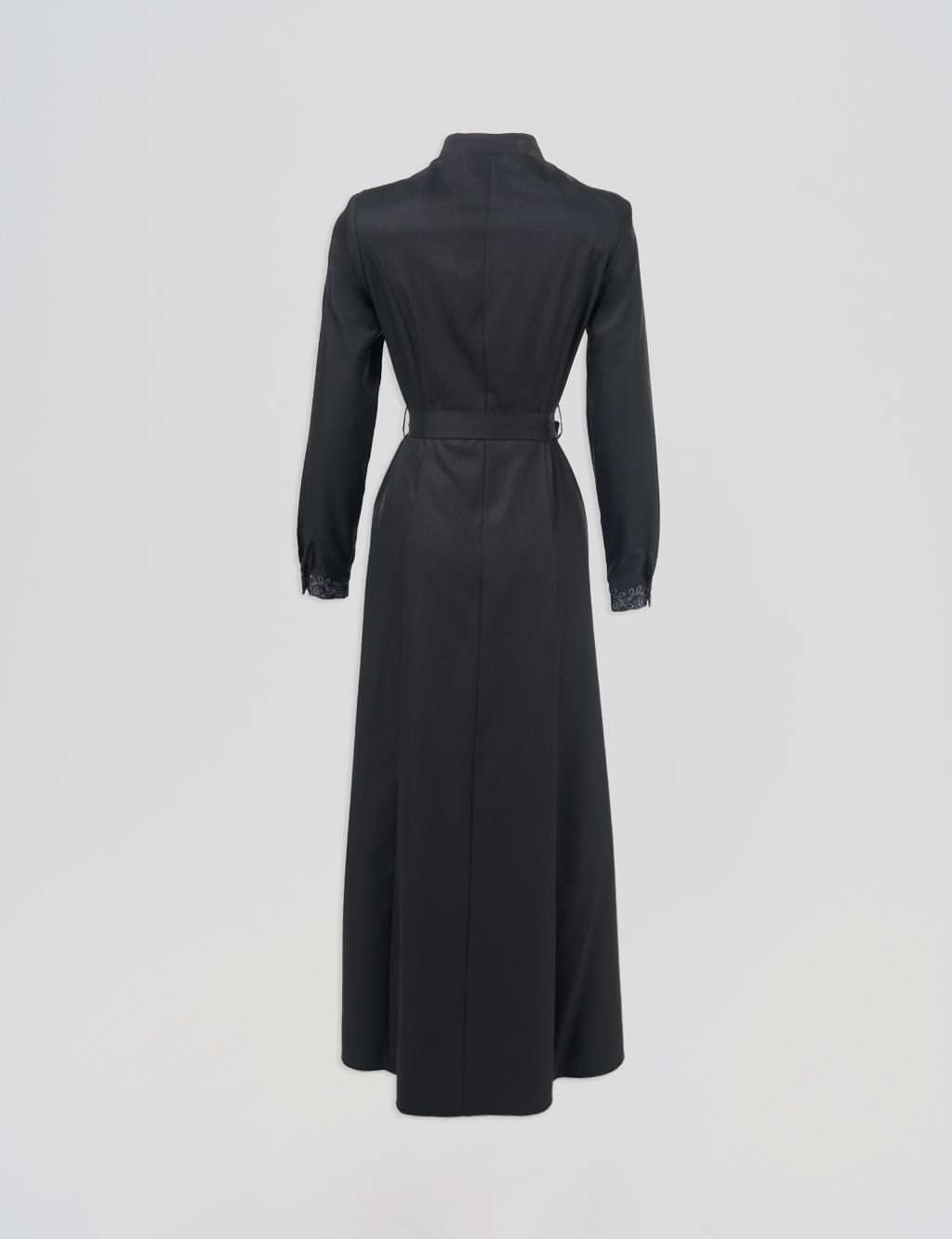 Laser-Cut Mandarin Collar Coat– Black