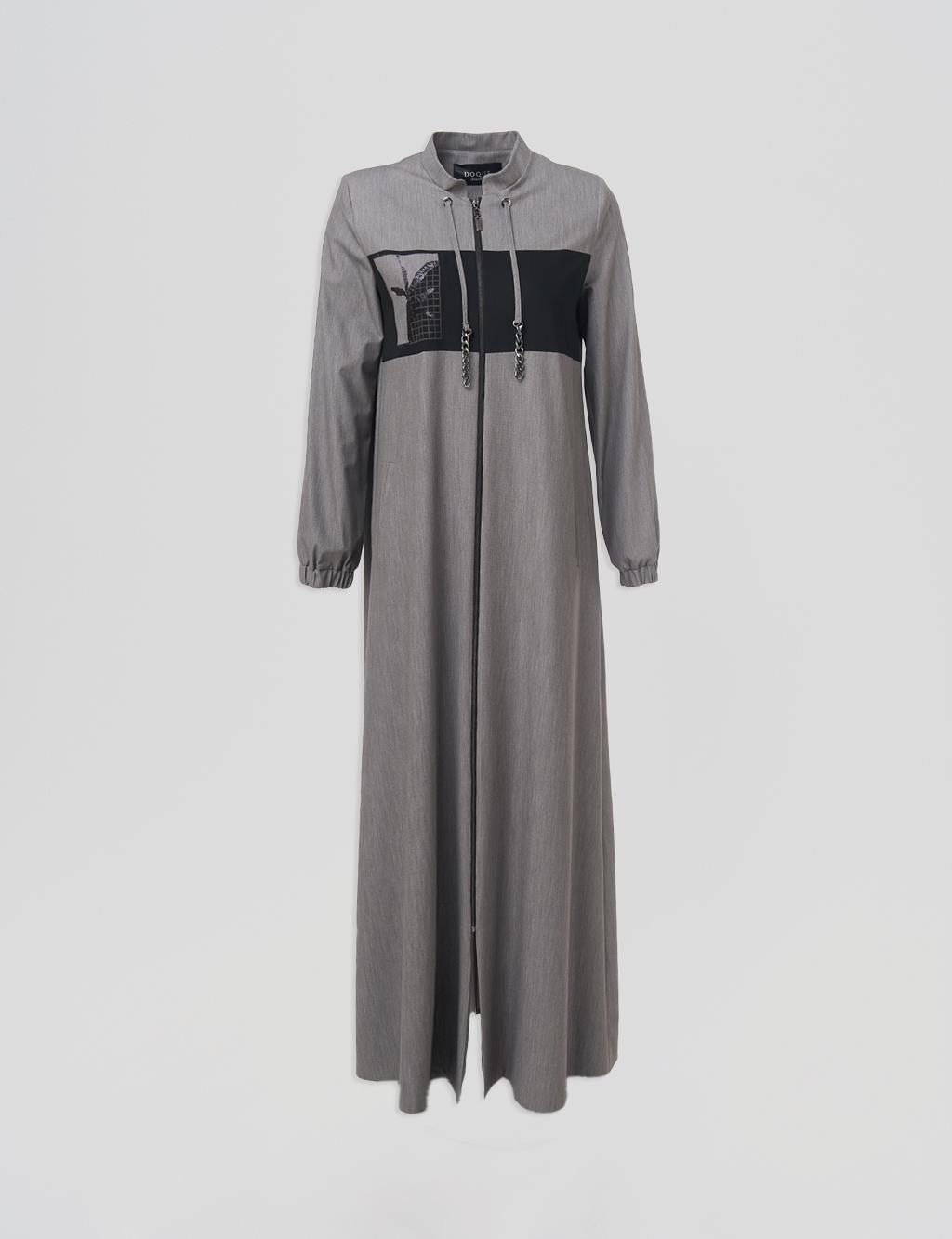 Sequin-Embellished Mandarin Collar Coat – Gray