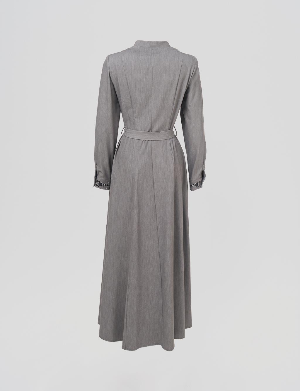Belted Mandarin Collar Coat Gray