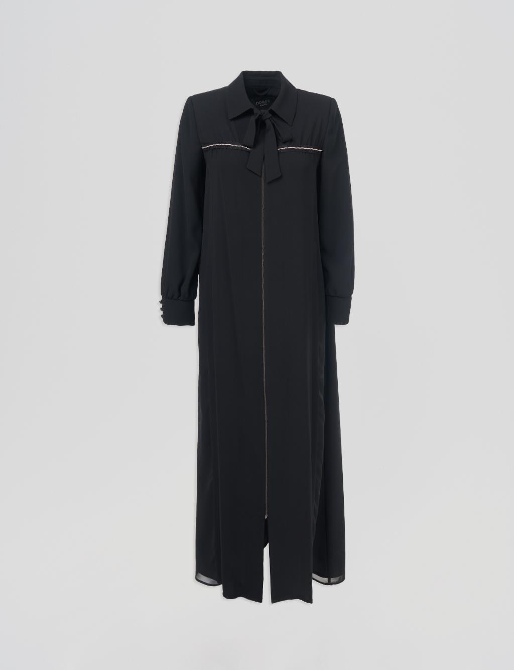 Drawstring Collar Coat Black