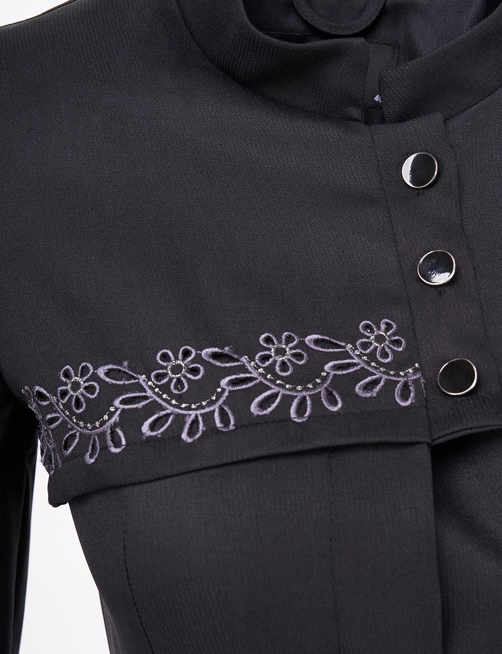 Laser-Cut Mandarin Collar Coat– Black