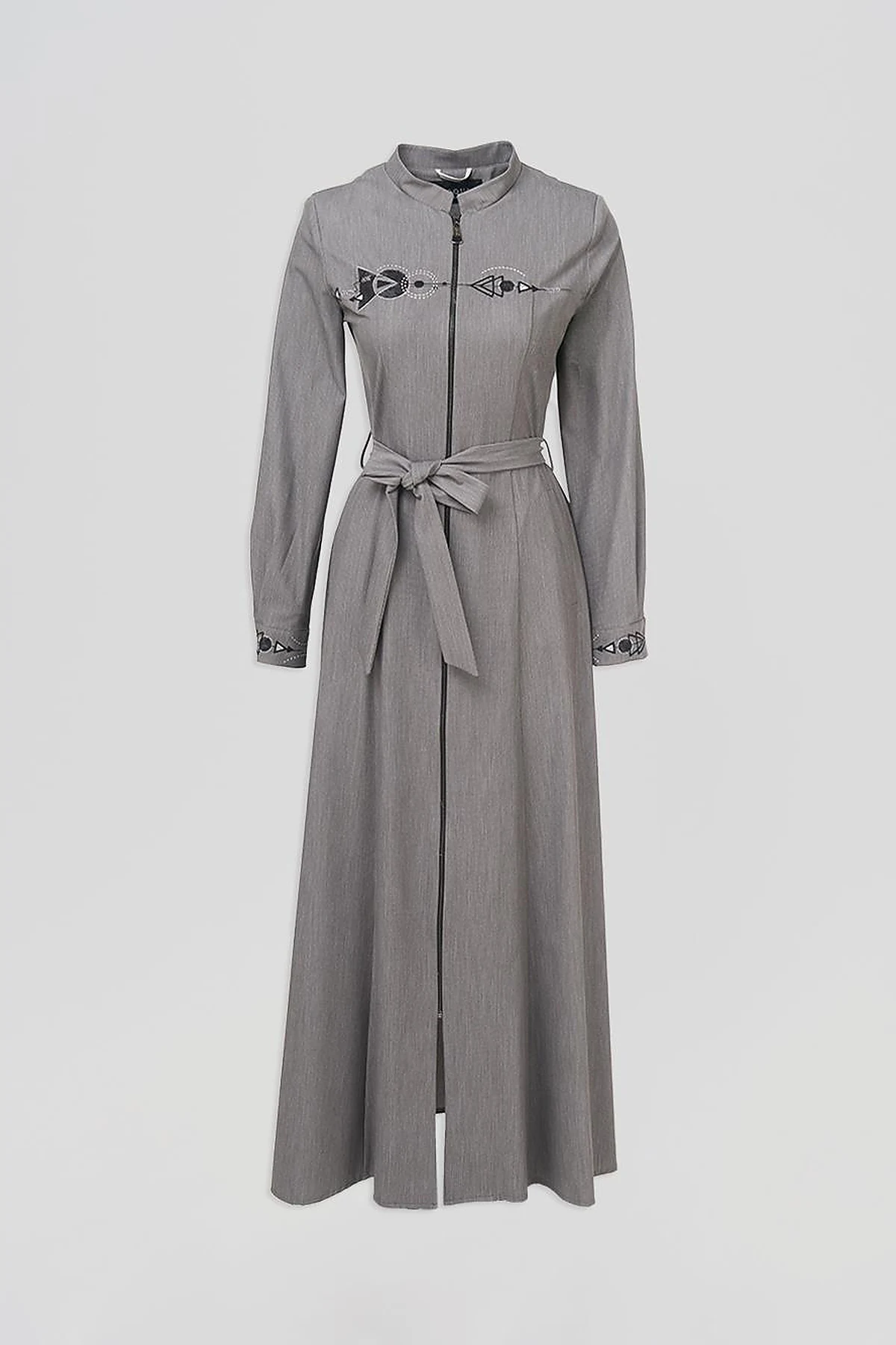 Belted Mandarin Collar Coat Gray