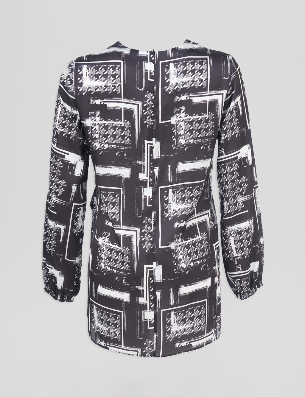 Belted Abstract Pattern Blouse Black 