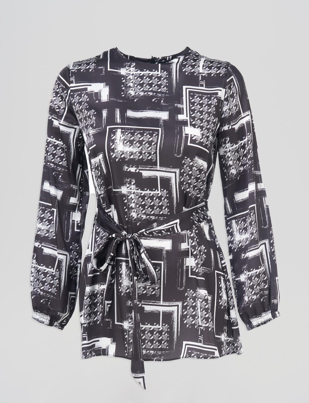 Belted Abstract Pattern Blouse Black 