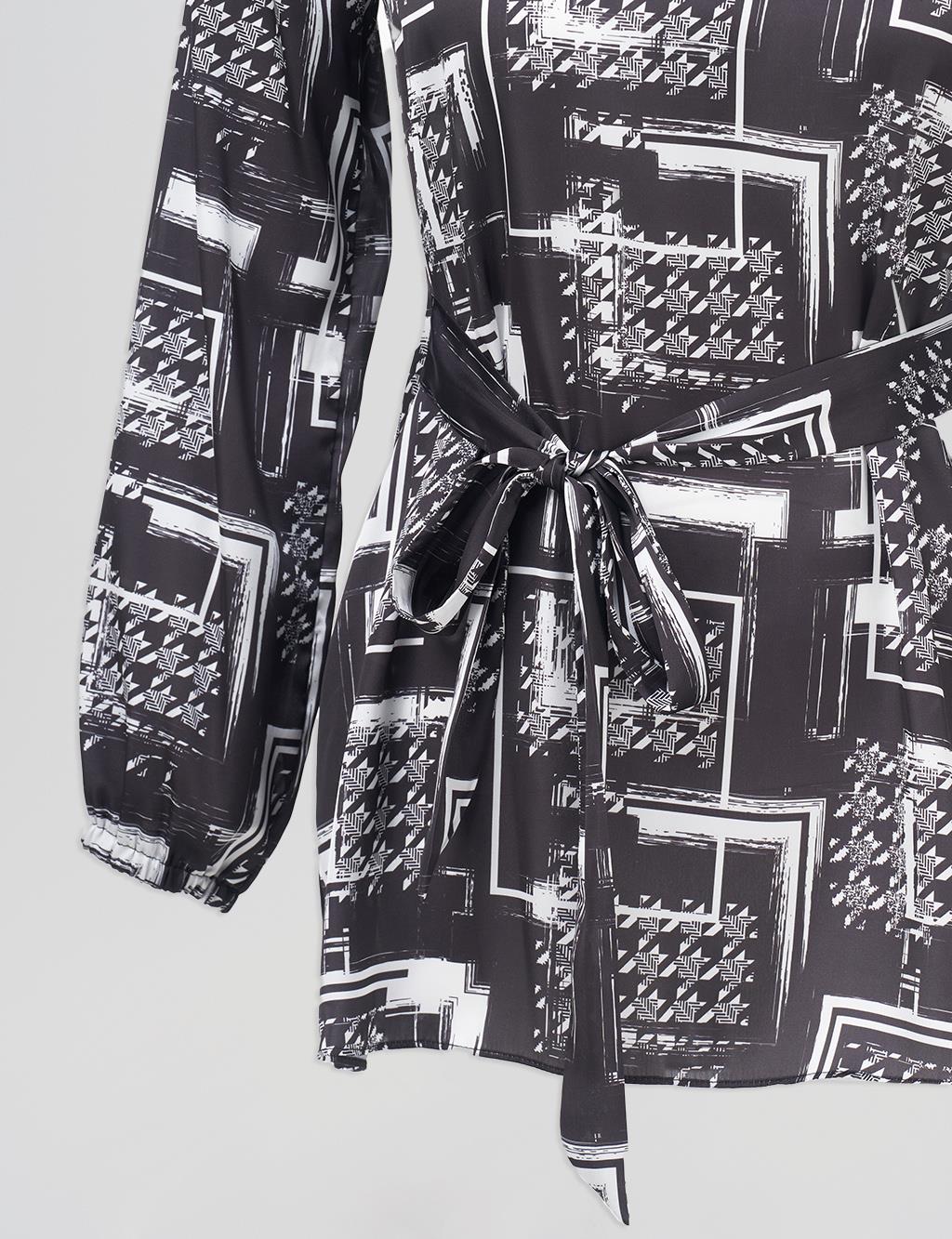 Belted Abstract Pattern Blouse Black 