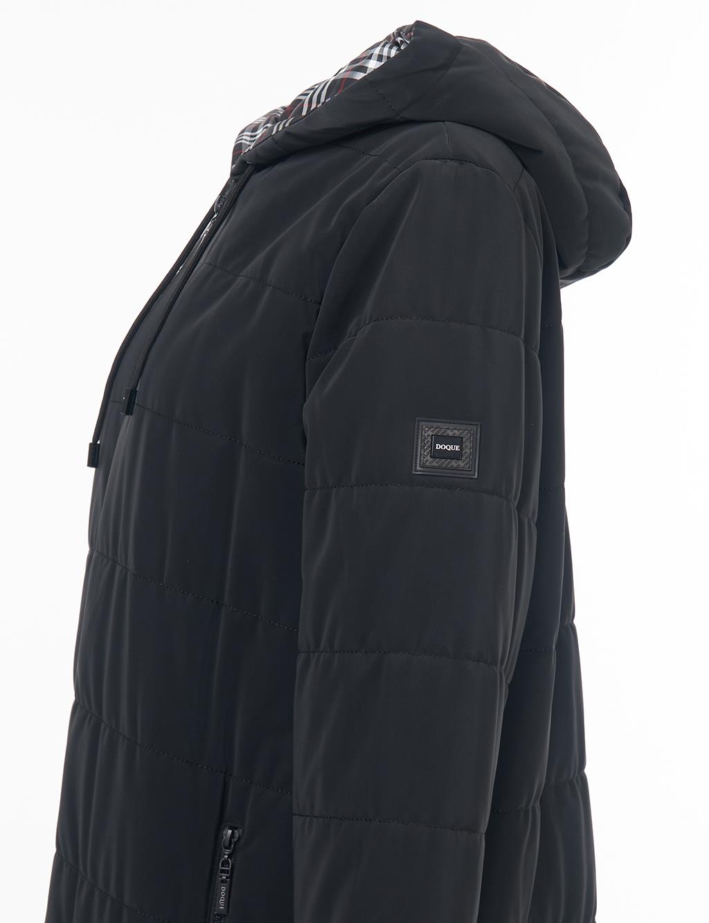 Snap Detailed Hooded Coat Black