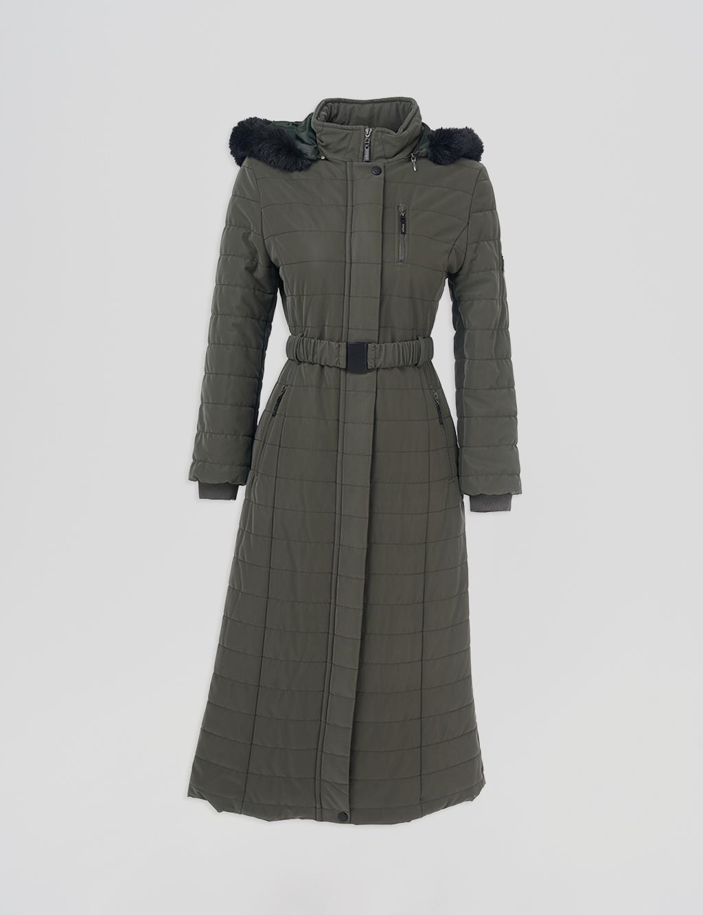 Zipper Detailed Hooded Coat Khaki