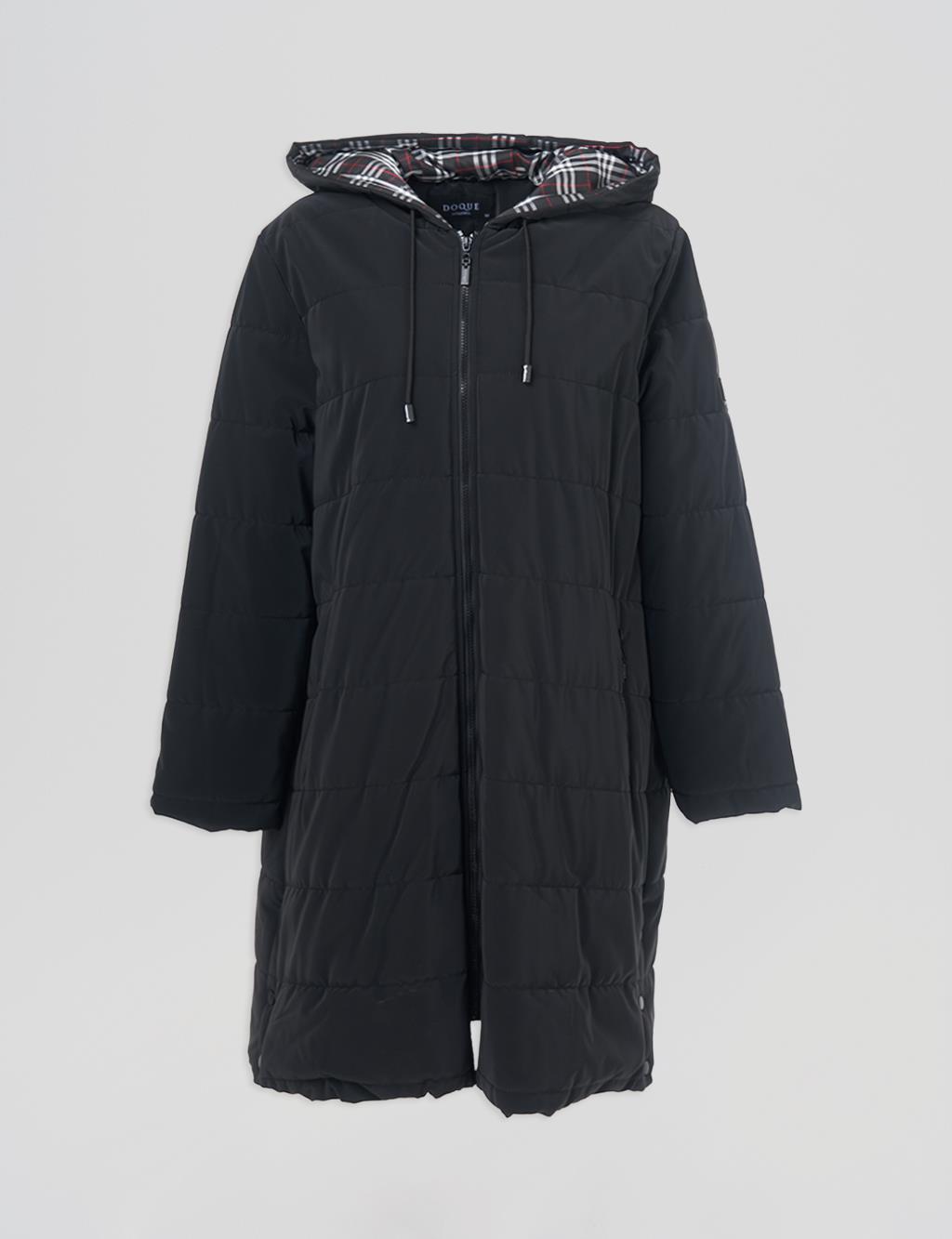 Snap Detailed Hooded Coat Black