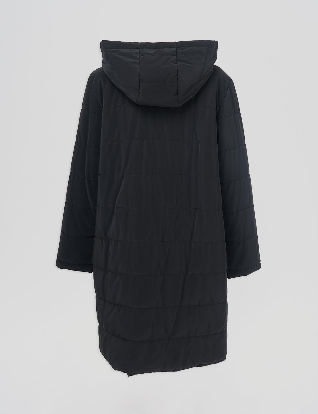 Snap Detailed Hooded Coat Black