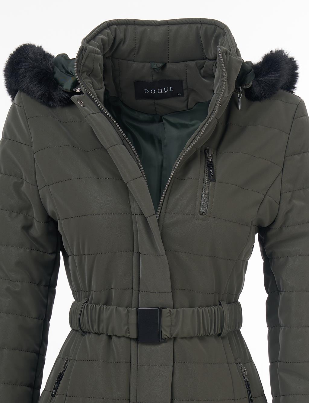 Zipper Detailed Hooded Coat Khaki