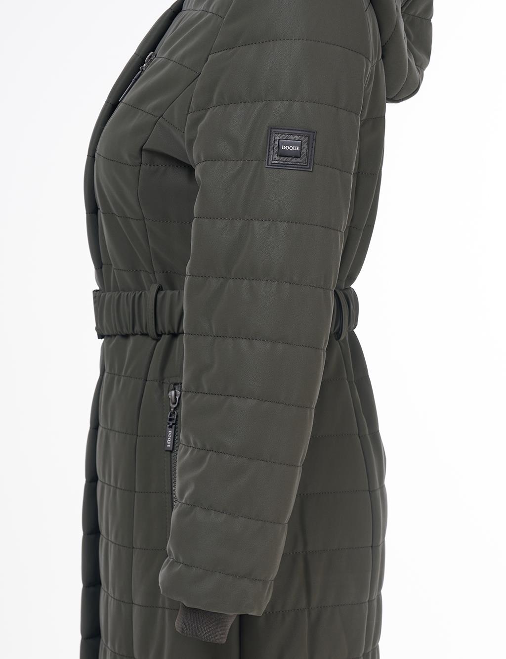 Zipper Detailed Hooded Coat Khaki