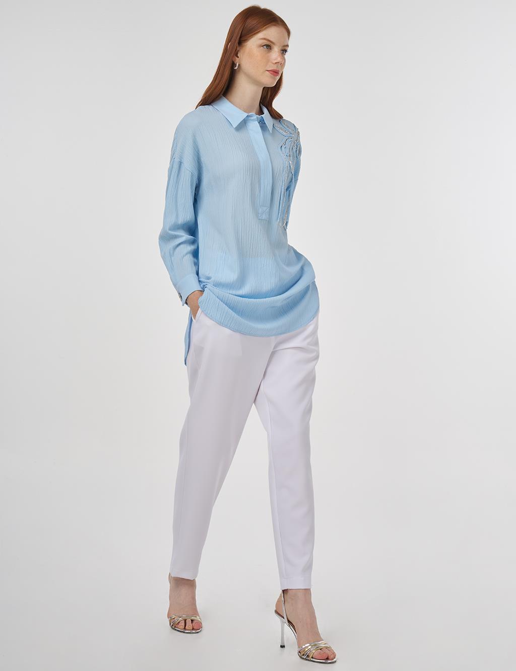 Embroidered Appliqué Viscose Tunic Ice Blue