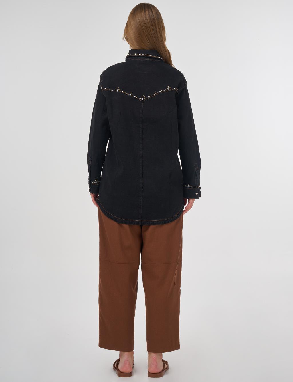İşlemeli Denim Ceket Siyah