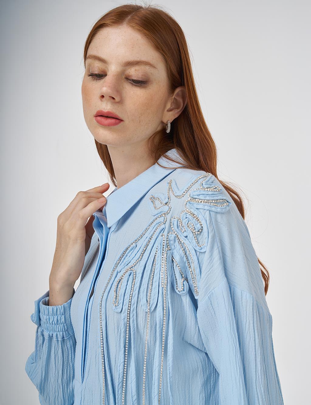 Embroidered Appliqué Viscose Tunic Ice Blue