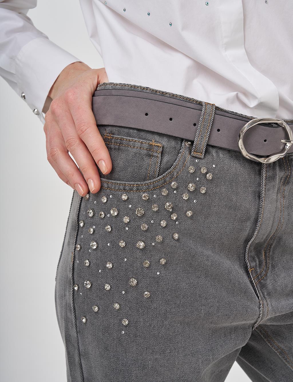 Taş İşlemeli Denim Pantolon Gri