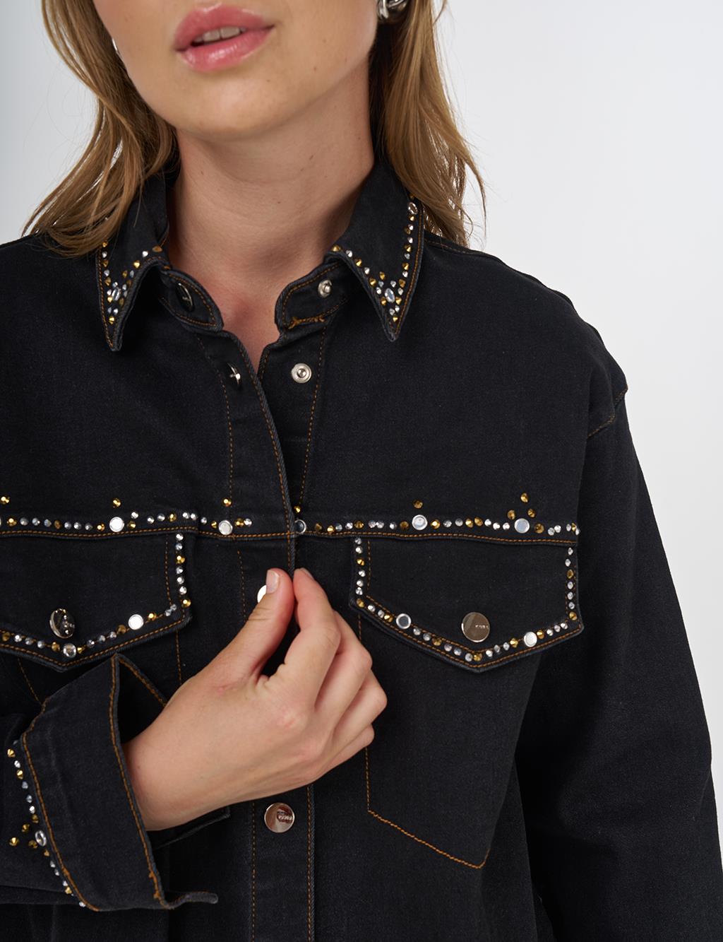 İşlemeli Denim Ceket Siyah