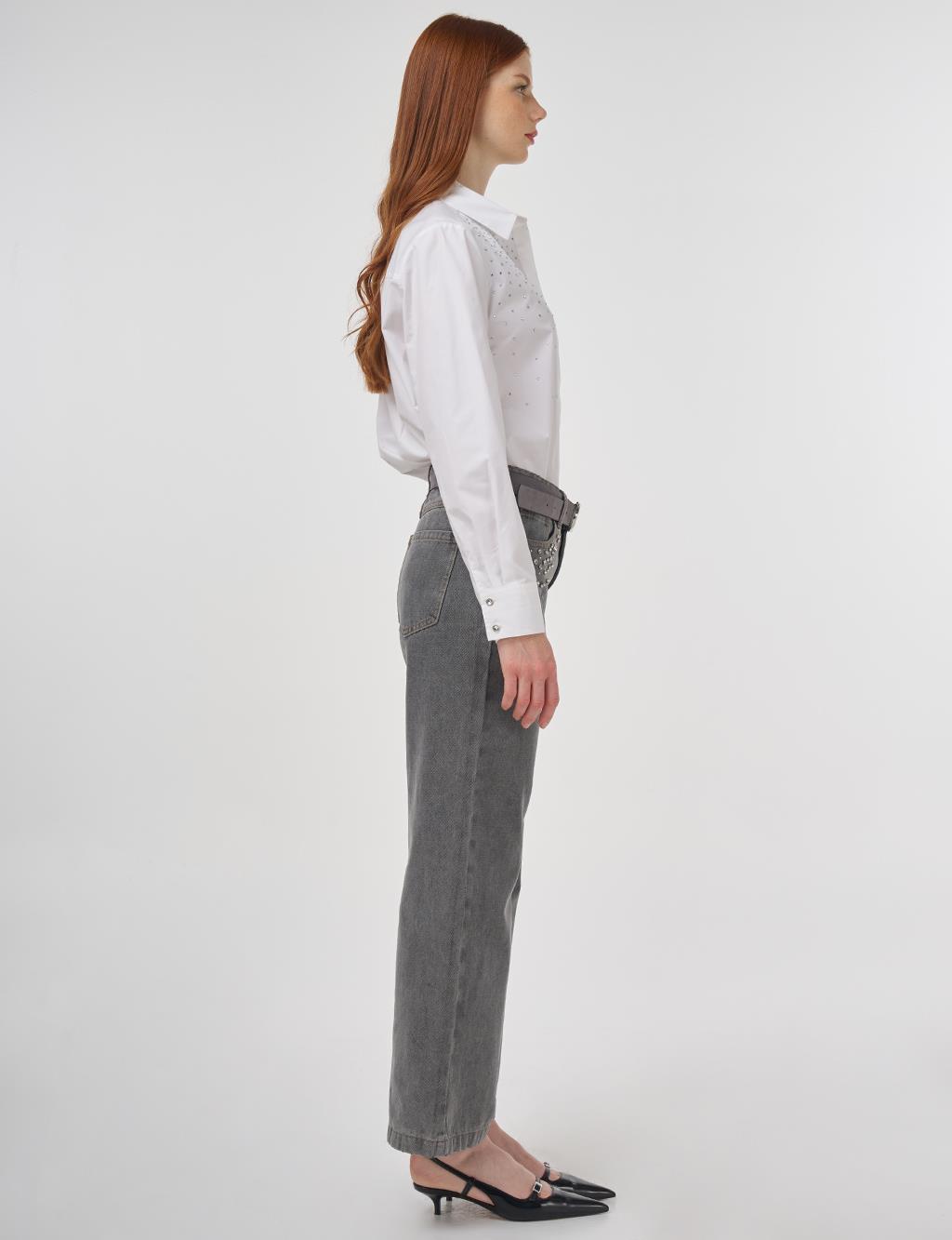 Taş İşlemeli Denim Pantolon Gri