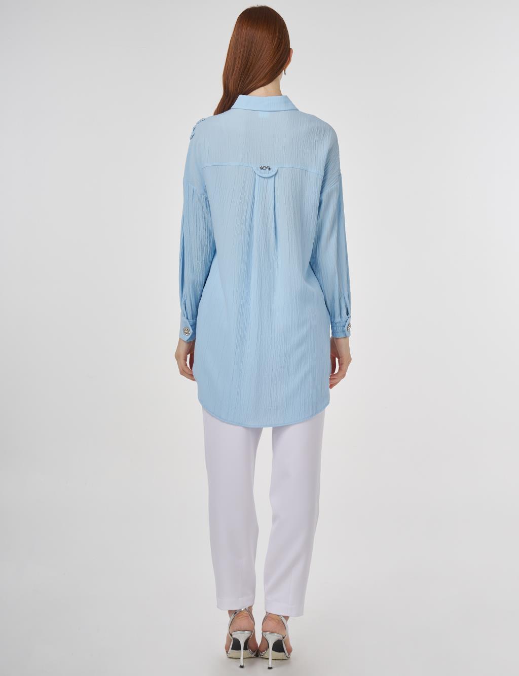 Embroidered Appliqué Viscose Tunic Ice Blue