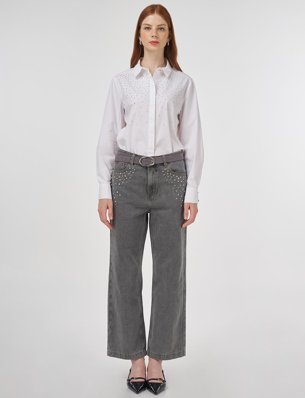 Taş İşlemeli Denim Pantolon Gri