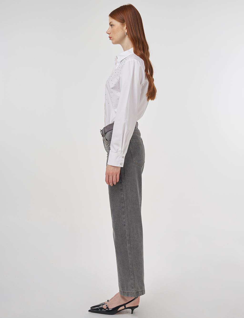 Taş İşlemeli Denim Pantolon Gri