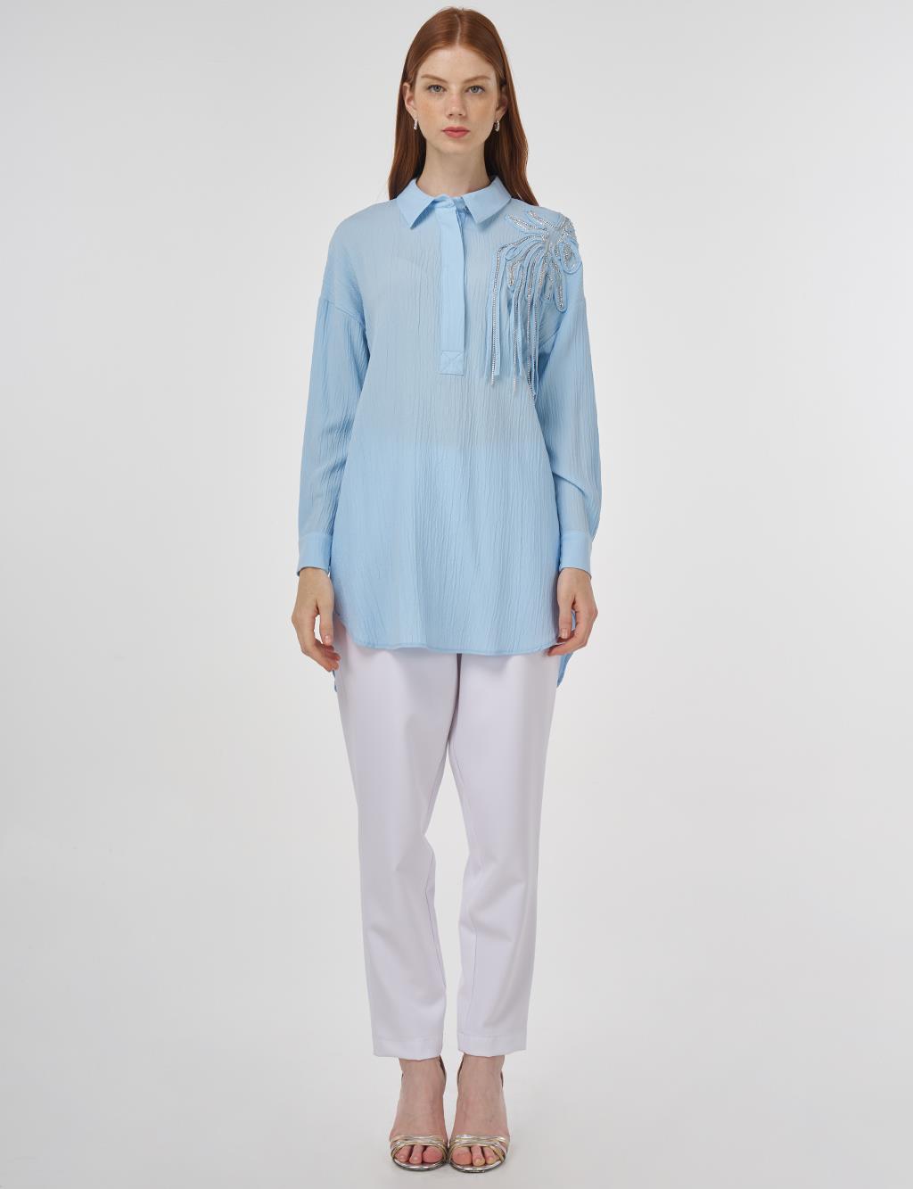 Embroidered Appliqué Viscose Tunic Ice Blue