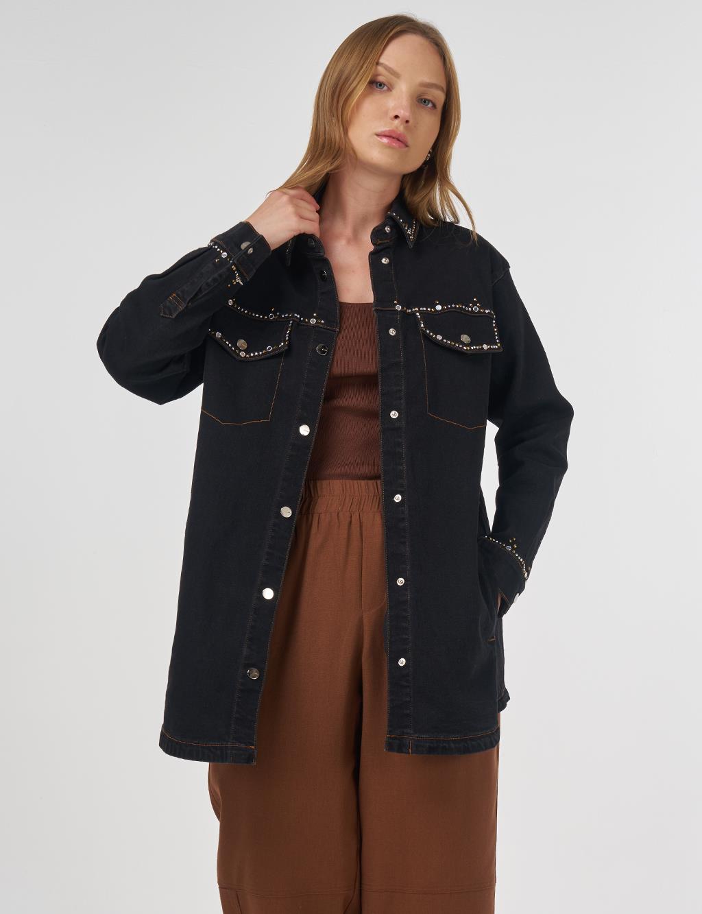 İşlemeli Denim Ceket Siyah