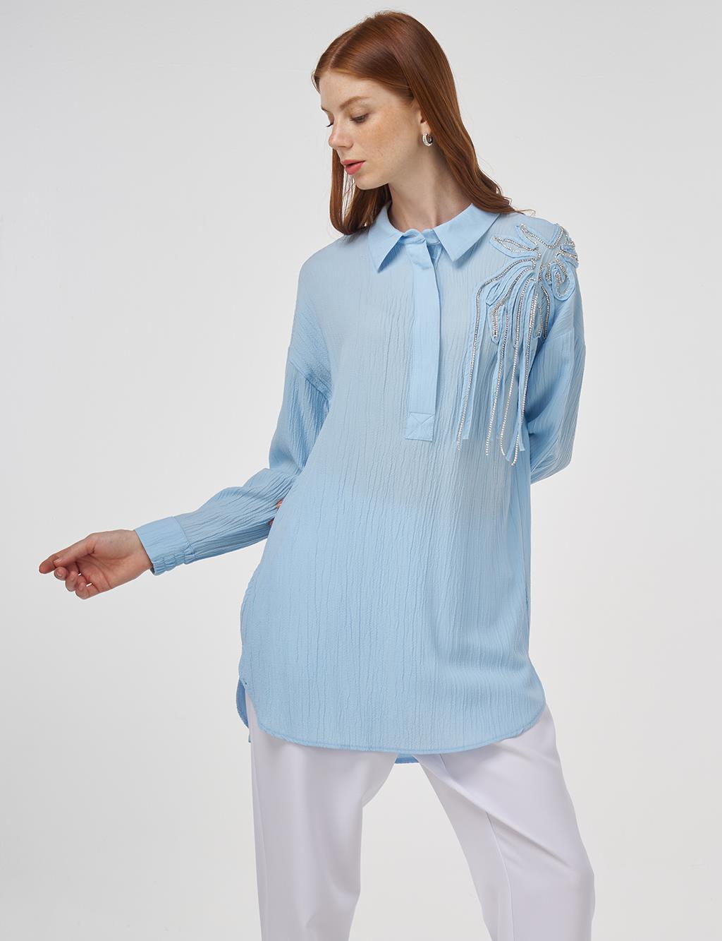 Embroidered Appliqué Viscose Tunic Ice Blue