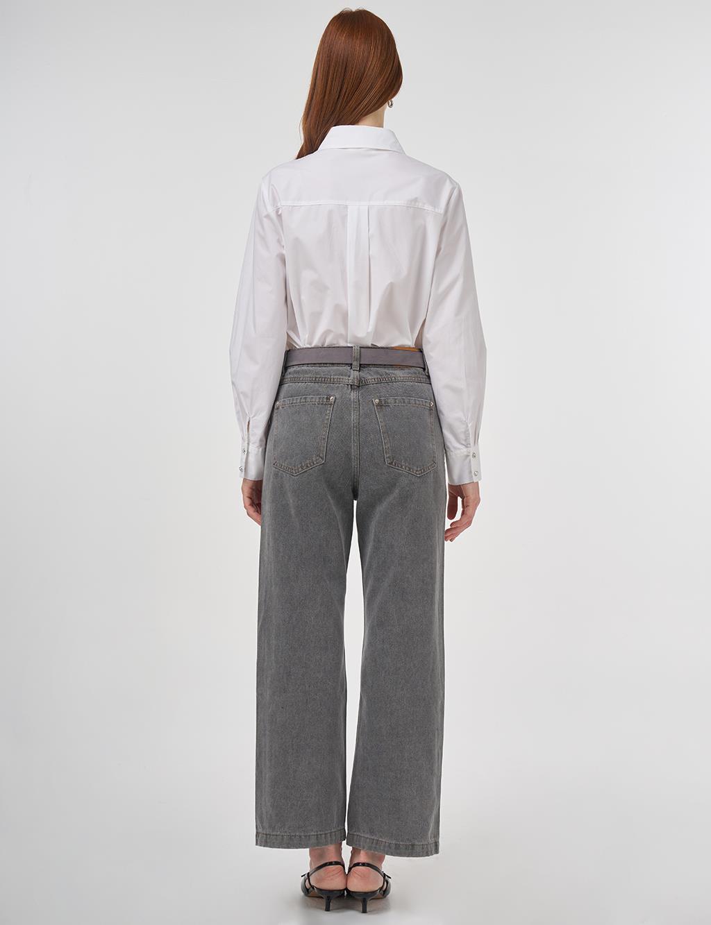 Taş İşlemeli Denim Pantolon Gri